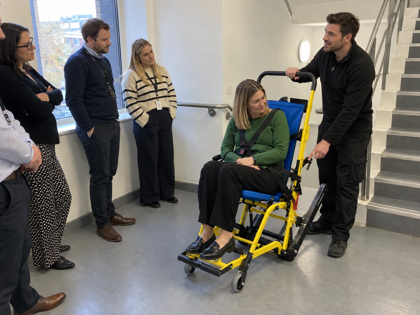 Instructor demonstrating an evacuation chair to office workers in a stairwell