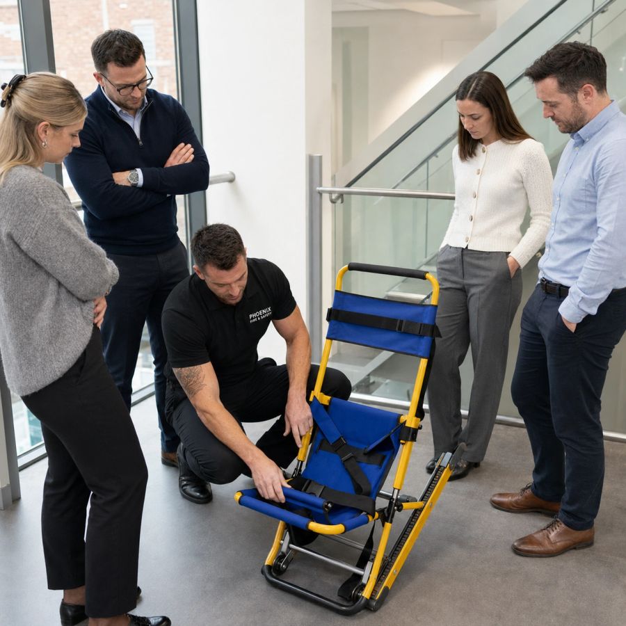 Evacuation chair shown in Phoenix training imagery